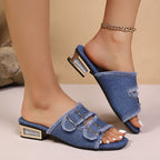 Damen Designer-Pantoletten mit modischen Schnallen und fransigem Denim- Obermaterial R&B