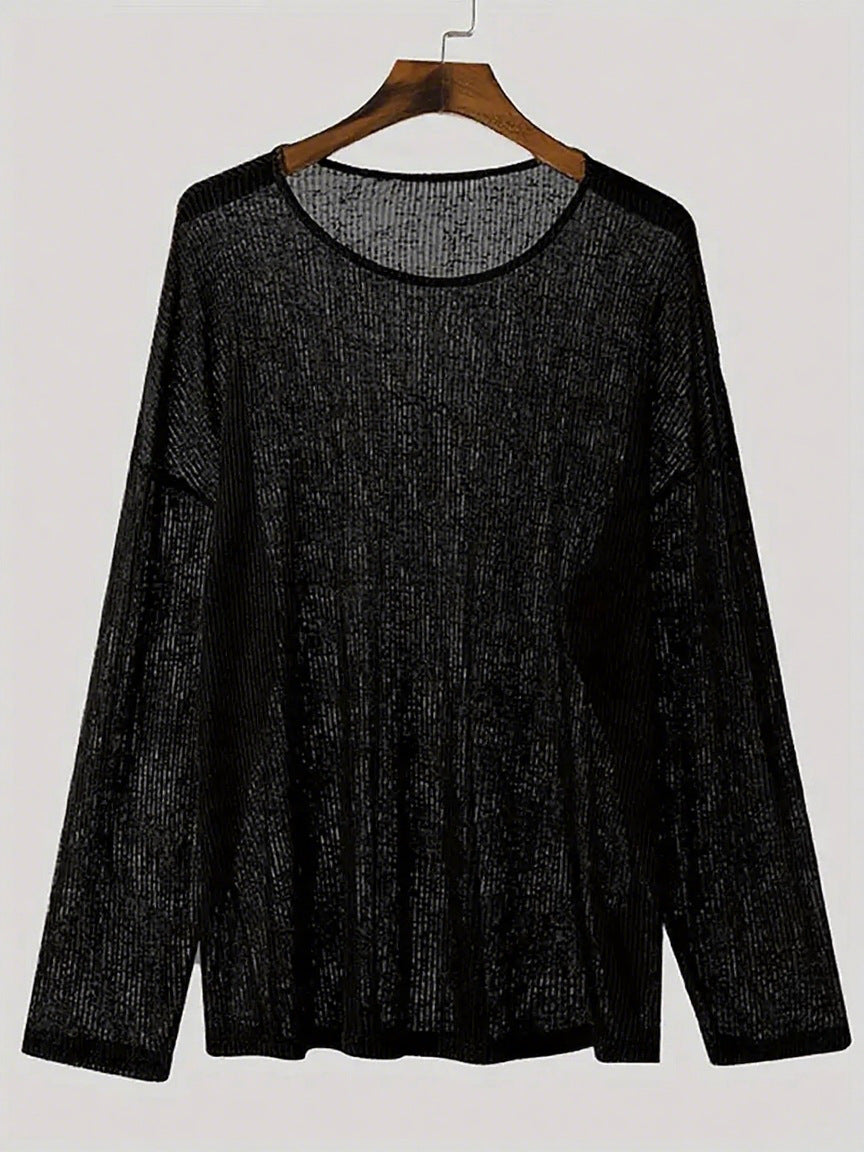 Damen nan locker fallendes Langarm-Feinstrickshirt mit feinem Rippenmuster und Rundhalsausschnitt R&B