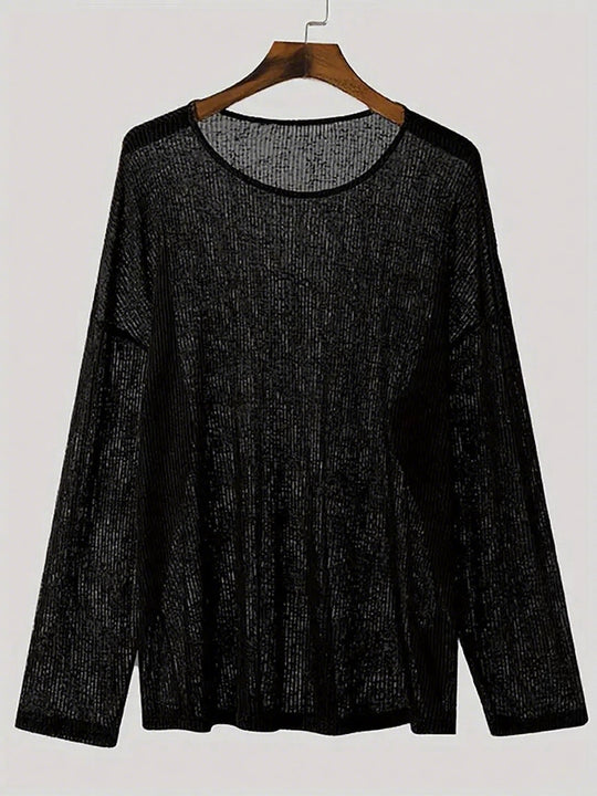 Damen nan locker fallendes Langarm-Feinstrickshirt mit feinem Rippenmuster und Rundhalsausschnitt R&B