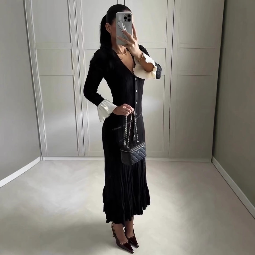 Damen Maxikleid mit eleganten Rüschenärmeln und Knopfdetails R&B
