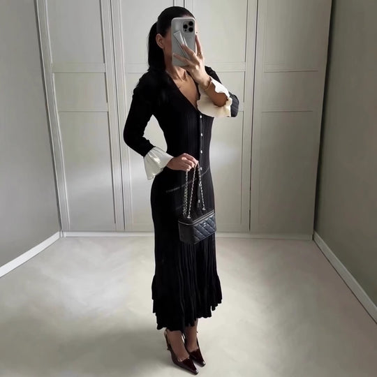 Damen Maxikleid mit eleganten Rüschenärmeln und Knopfdetails R&B