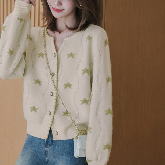 Damen Gemusterter Strickcardigan mit Sternenmotiv und Knopfleiste R&B