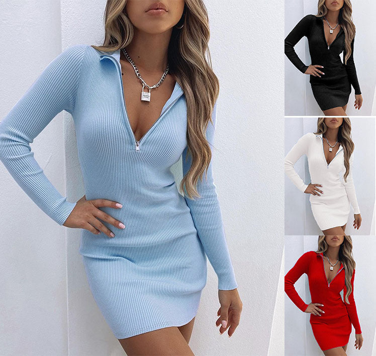 Damen Strickkleid mit Zip-Kragen und figurbetontem Schnitt R&B