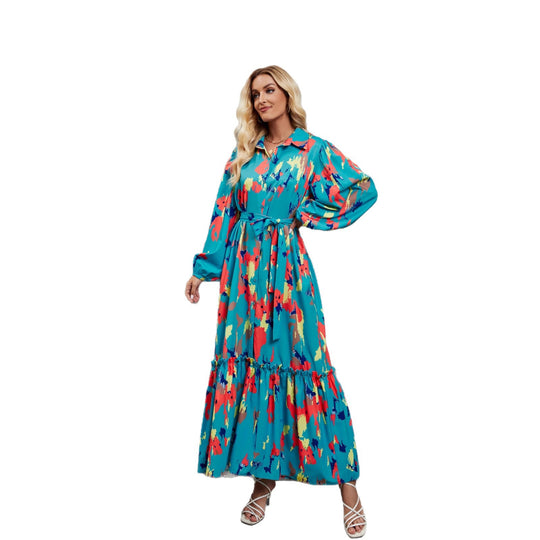 Damen Maxikleid mit farbenfrohem Floral-Design und elegantem Taillengürtel R&B