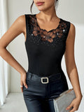 Damen Elegantes Top mit floralen Spitzenapplikationen und Strass R&B