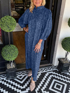 Damen Elegantes Maxikleid mit Stehkragen und weiten Ärmeln R&B