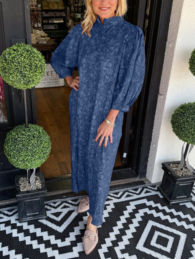 Damen Elegantes Maxikleid mit Stehkragen und weiten Ärmeln R&B