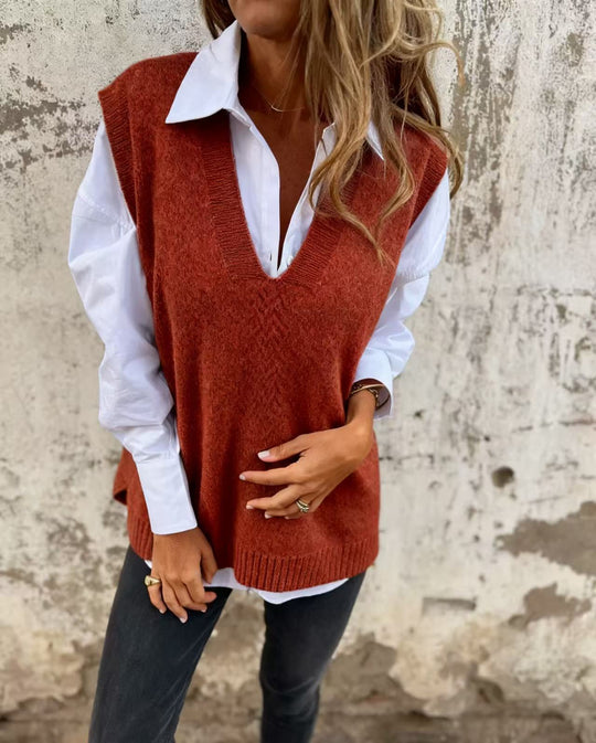 Damen lässiger Strickpullover mit V-Ausschnitt R&B