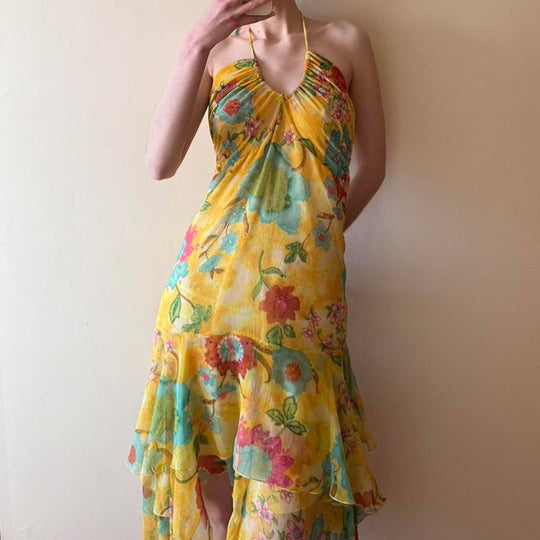 Damen fließendes Maxi-Kleid mit Blumenmuster und Rüschen R&B