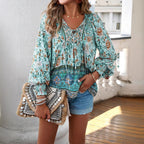 Damen Bluse mit floralen Mustern und bindbarem Ausschnitt R&B