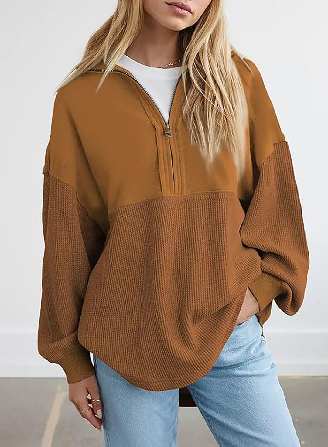Damen lässiger Kapuzenpullover mit halblangem Reißverschluss und strukturiertem Material R&B