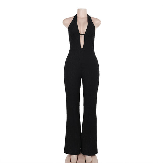 Damen eleganter Jumpsuit mit tiefem V-Ausschnitt und ausgestelltem Bein R&B