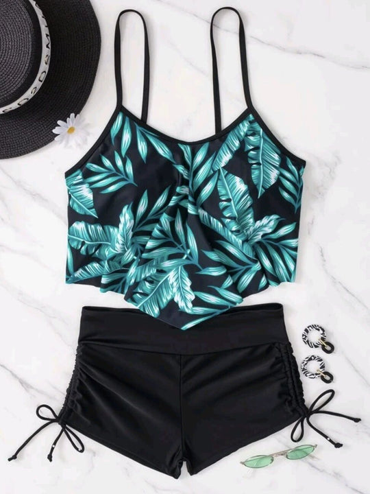 Damen Sportliches Tankini-Set mit Raffungen und verstellbaren Trägern R&B