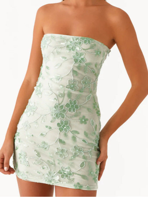 Damen Elegantes Bandeau-Minikleid mit floralem Pailletten-Design R&B
