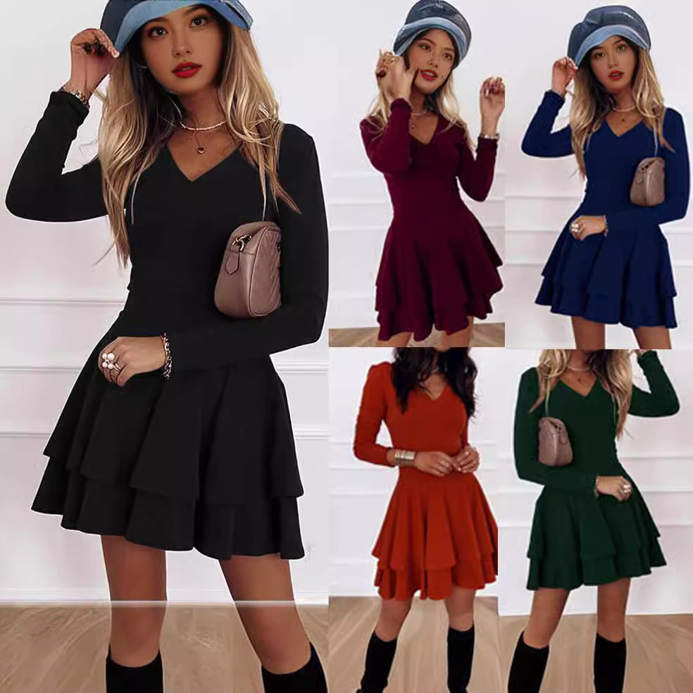 Damen V-Ausschnitt Kleid mit voluminösem Stufenrock R&B