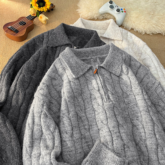 Damen Hochwertiger Strickpullover mit kurzem Reißverschluss und klassischem Kragen R&B