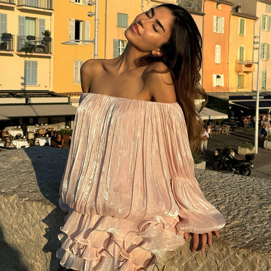 Damen luftiges Off-Shoulder Kleid mit Rüschenschnitt R&B