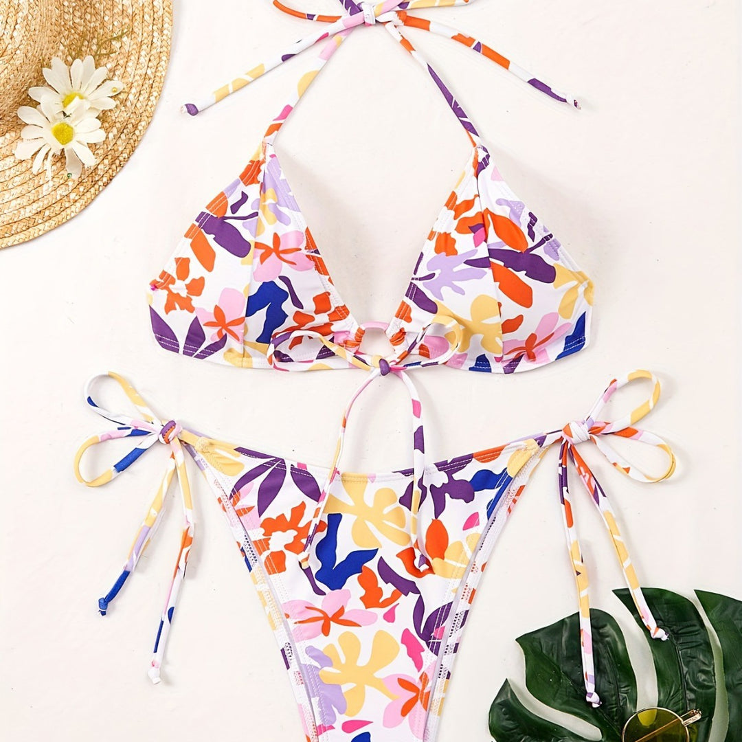 Damen Triangel-Bikini mit verstellbaren Schnüren und fröhlichem Blumenmuster R&B