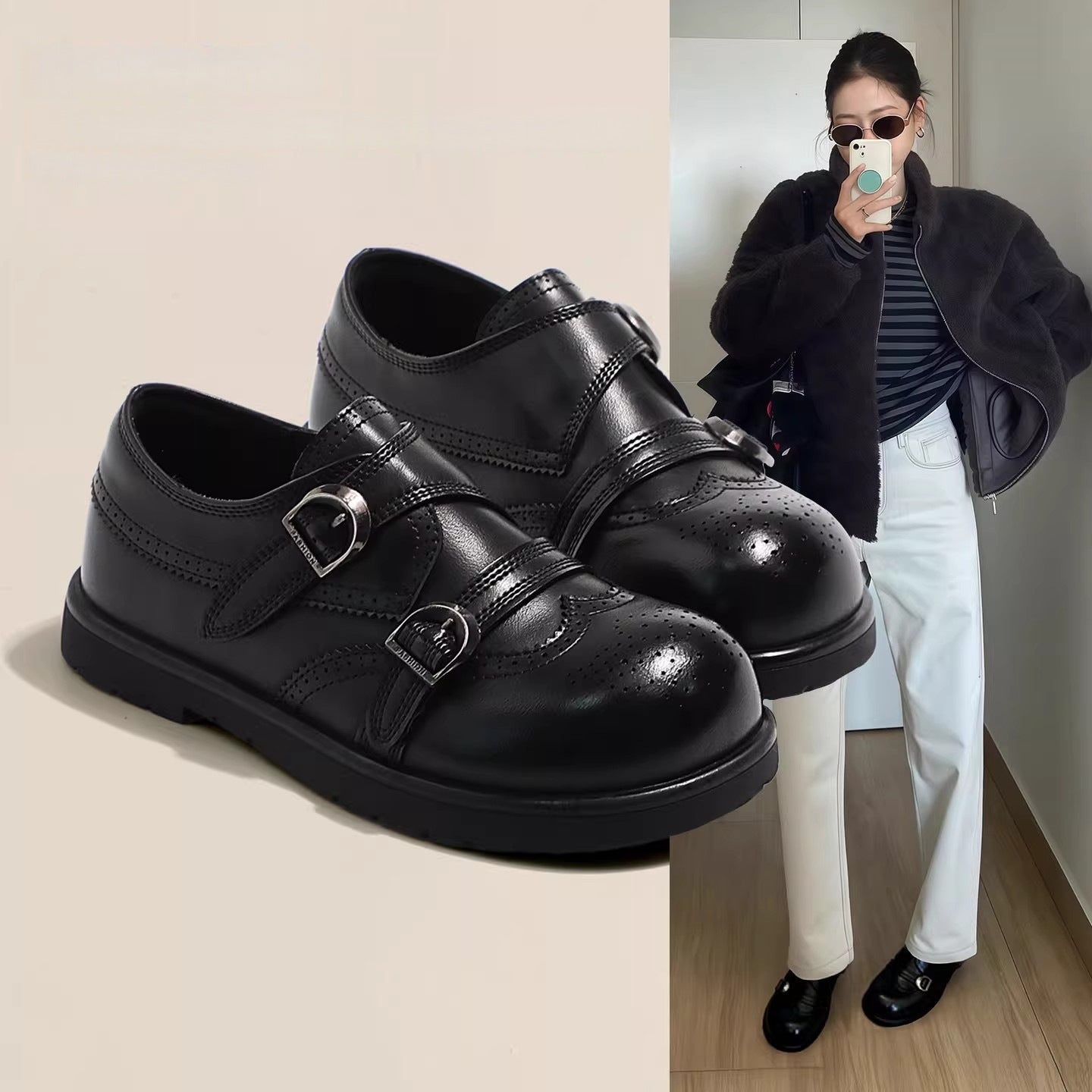 Damen elegante Schnürschuhe mit doppelt verstellbarem Schnallenverschluss und modischem Design R&B
