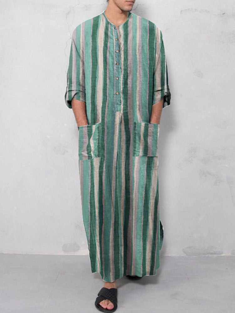 Herren nan lockerer Kaftan aus Leinenmischung mit Knopfleiste und aufgesetzten Taschen R&B
