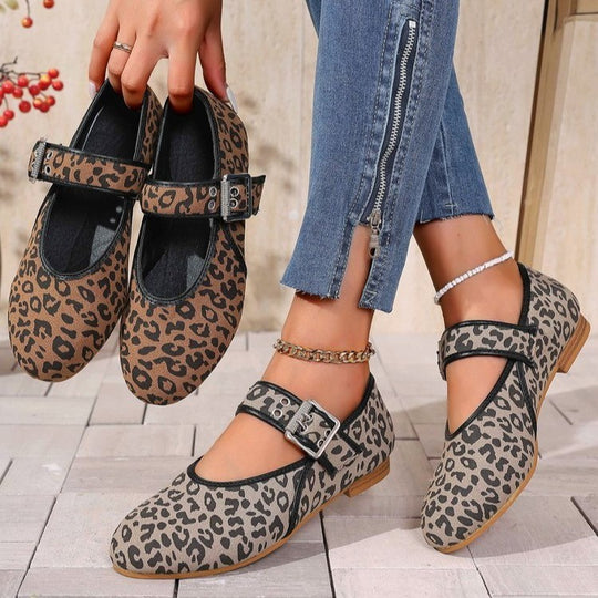 Damen Mary Jane Ballerinas mit modischem Leopardenmuster und bequemer Schnalle R&B