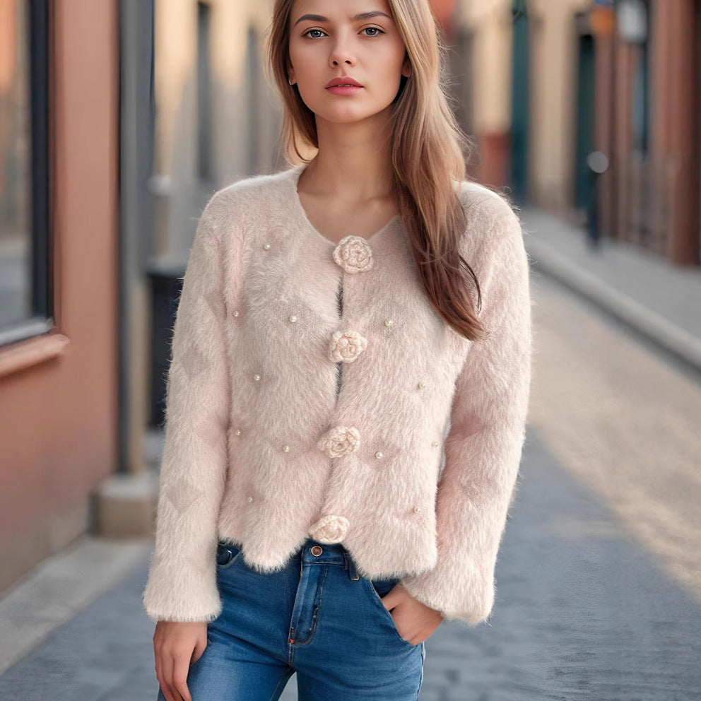 Damen Strickjacke mit floralen Applikationen und perlverzierter Detail R&B