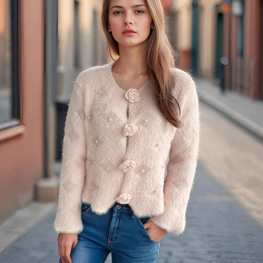 Damen Strickjacke mit floralen Applikationen und perlverzierter Detail R&B