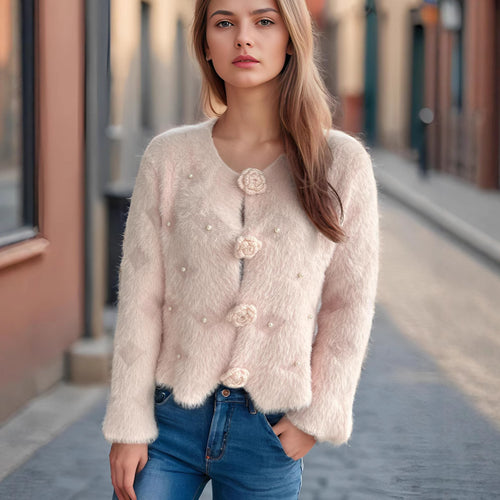 Damen Strickjacke mit floralen Applikationen und perlverzierter Detail R&B