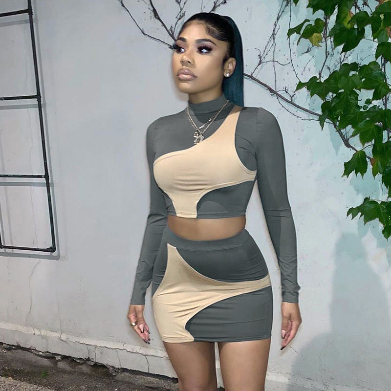 Damen Buntes Crop-Top und Minirock-Set mit asymmetrischem Design R&B