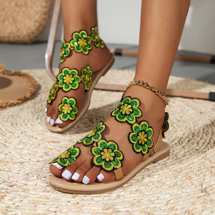 Damen elegante Zehensteg-Sandalen mit floralem Stickdesign und rutschfester Sohle R&B