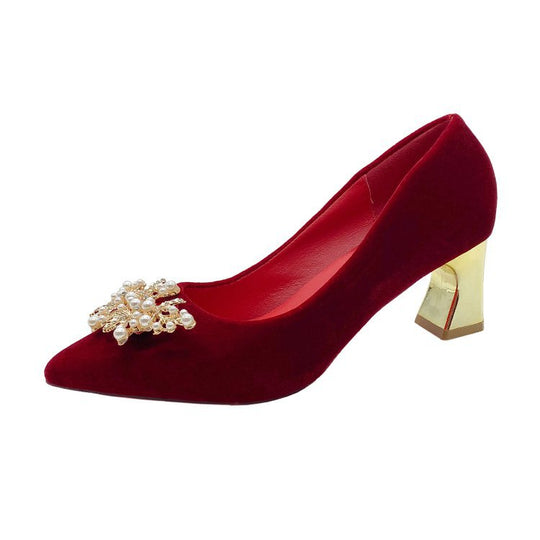 Damen elegante Velours-Pumps mit luxuriösem Perlen-Schmuckdetail R&B