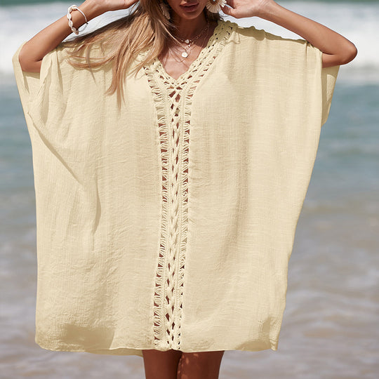 Damen eleganter Strandponcho mit raffinierten Häkelakzenten und tiefem V-Ausschnitt R&B