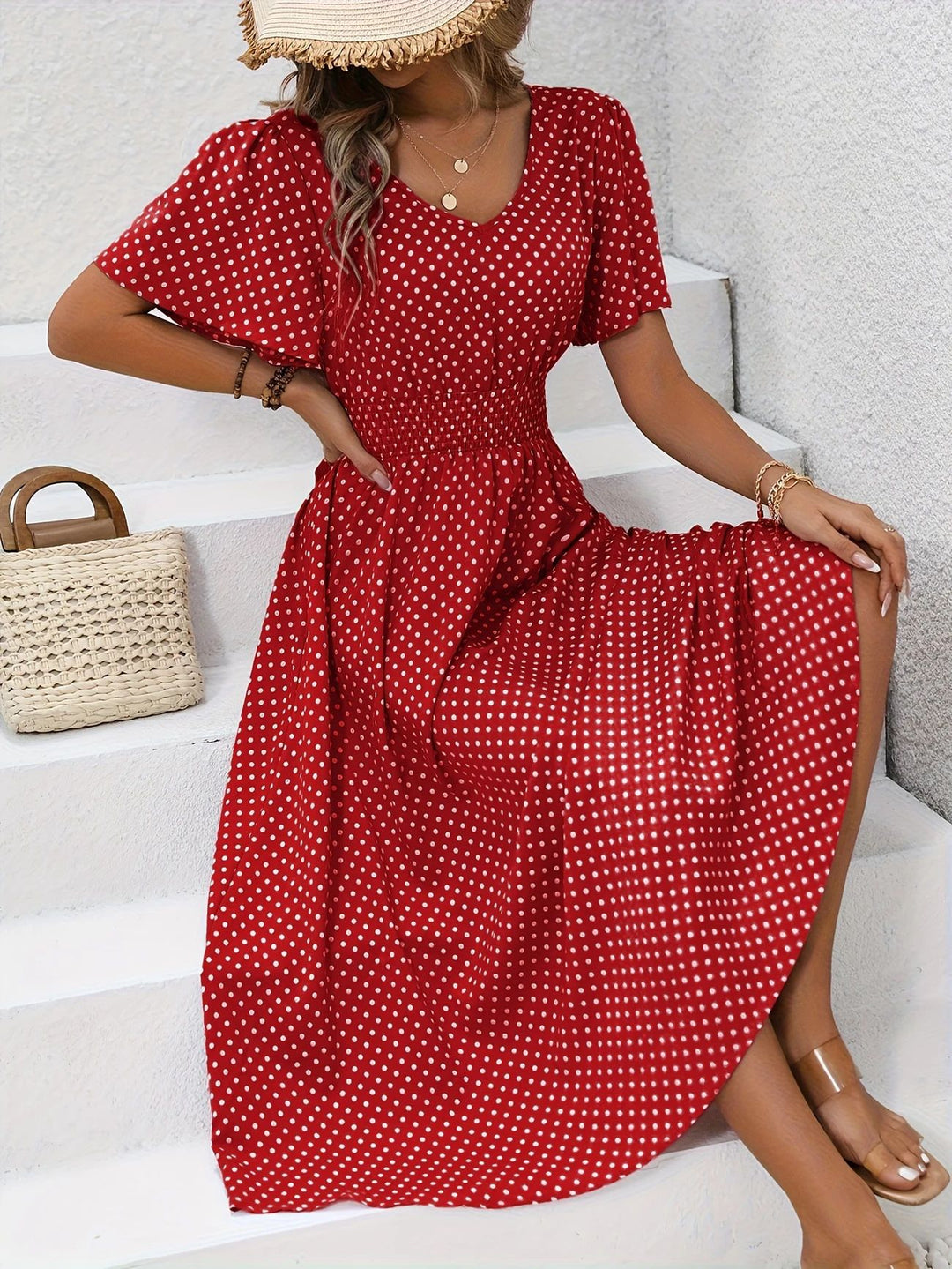 Damen Elegantes Maxikleid mit V-Ausschnitt und Ballonärmeln R&B