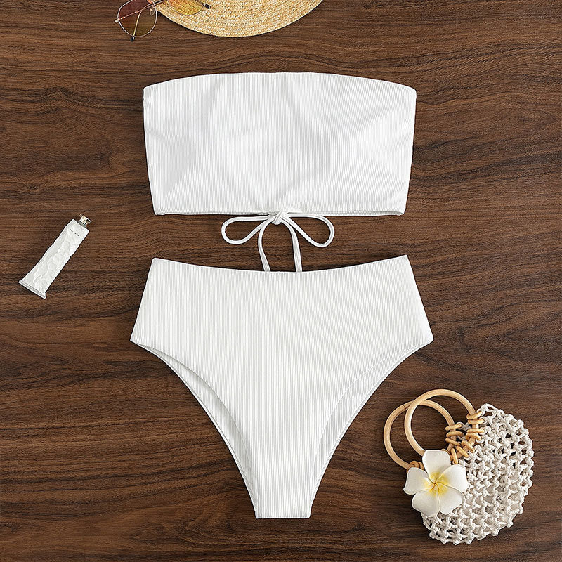 Damen Bandeau-Bikini mit hohem Bund und Rippdesign R&B