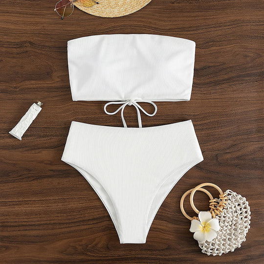 Damen Bandeau-Bikini mit hohem Bund und Rippdesign R&B