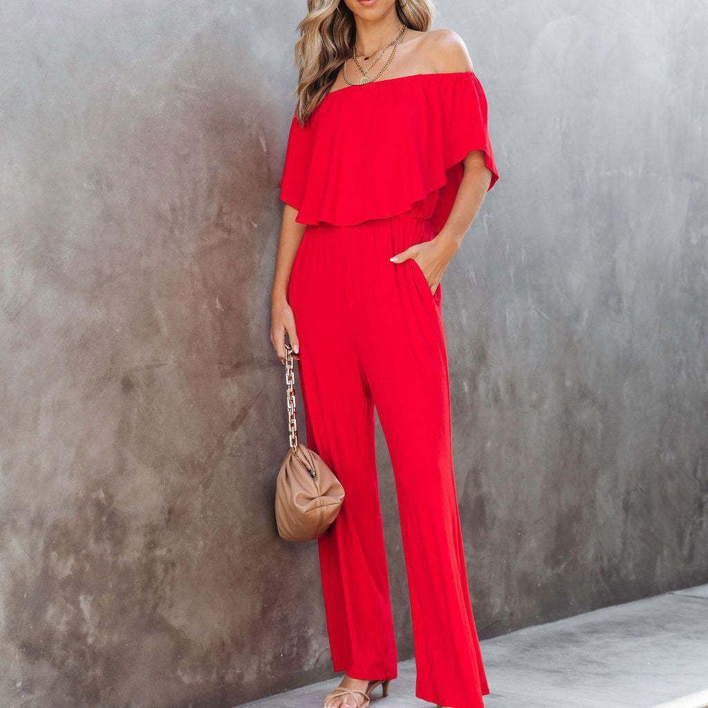 Damen Off-Shoulder Jumpsuit mit weichem Stoff und elastischem Bund R&B