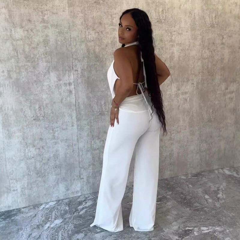Damen Eleganter Deep-V Jumpsuit mit geschwungenem Rücken und weit geschnittenen Beinen R&B