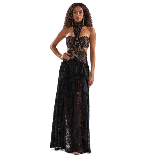 Damen elegante Spitzentraumkleid mit hochgeschlossenem Kragen und fließendem Rock R&B