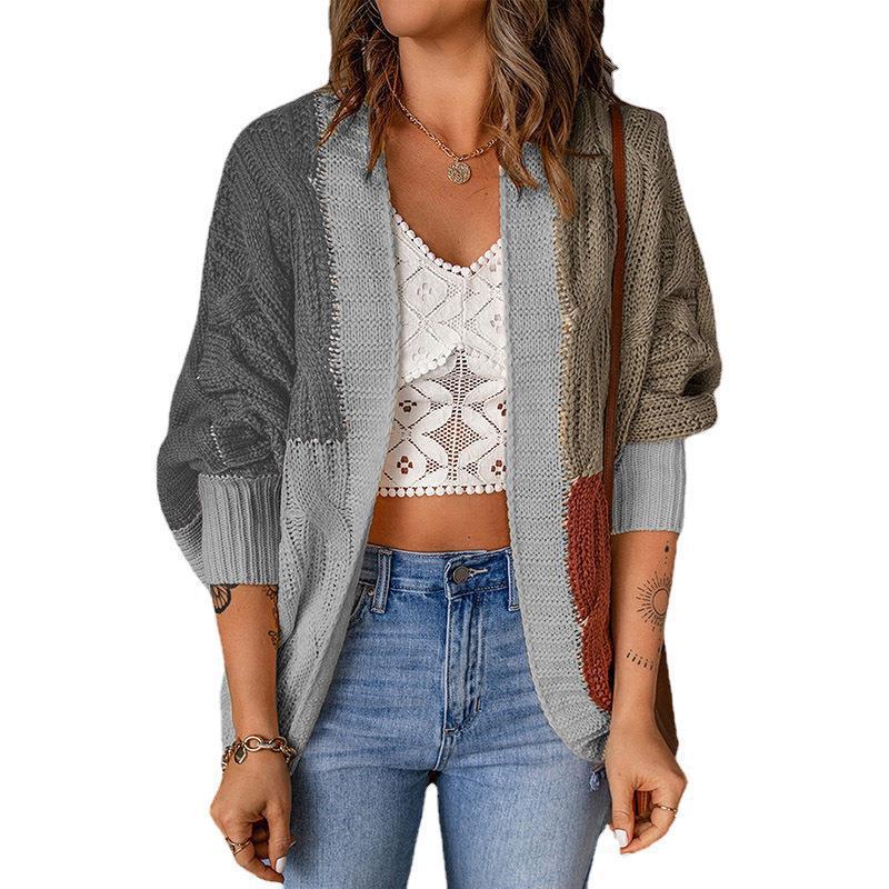 Damen lässige Strickjacke mit buntem Patchwork-Design und weitem Schnitt R&B