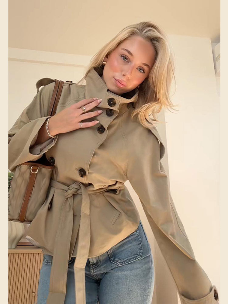 Damen stylische Übergangsjacke mit hohem Kragen und Taillengürtel R&B