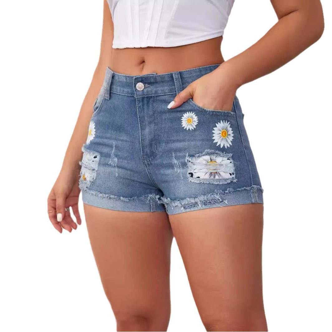 Damen Jeansshorts mit auffälligen Blumenstickereien und lässigem Saum R&B