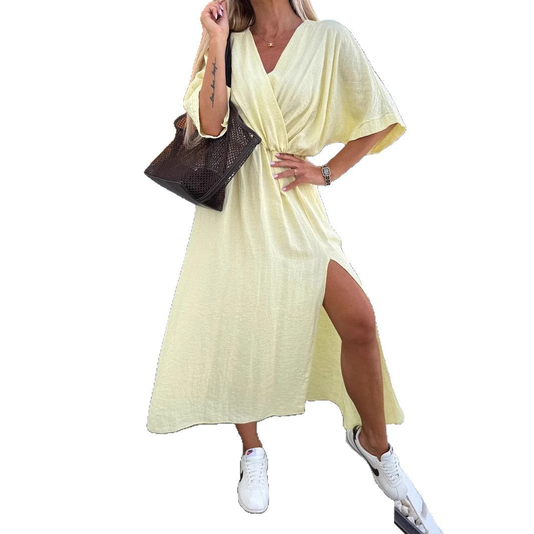 Damen lässiges Maxi-Kleid mit tiefem V-Ausschnitt und elastischem Taillenbund R&B