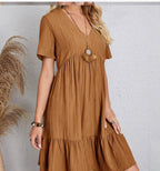 Damen Sommerliches Freizeitkleid mit V-Ausschnitt und Rüschensaum R&B