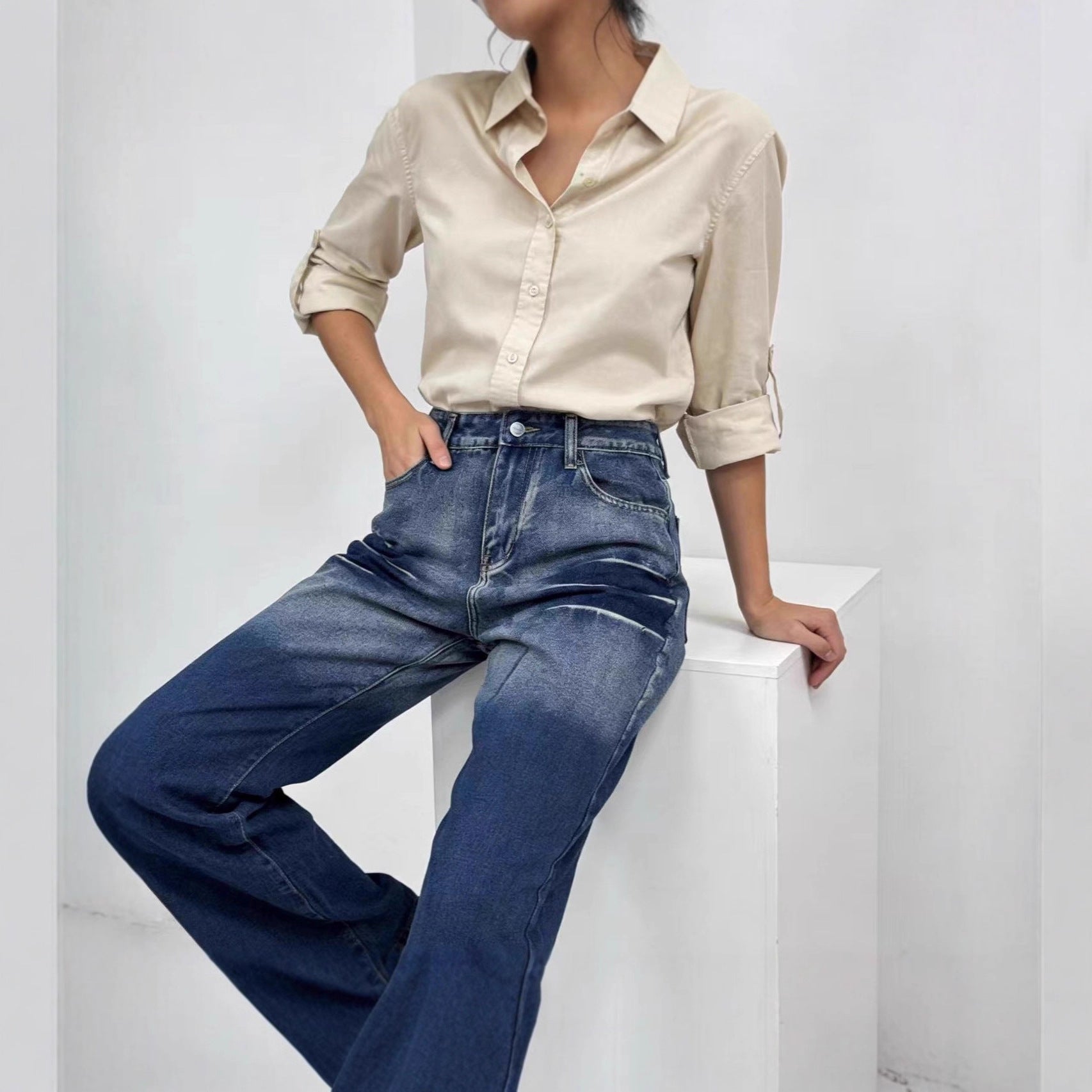 Damen Weite High-Waist Jeans mit Farbverlauf
