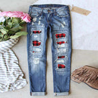 Damen Ripped Jeans mit karierten Akzenten und modischen Destroyed-Details R&B