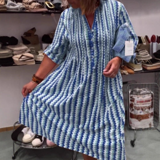 Damen nan Midikleid mit Unterbrustnaht, V-Ausschnitt, Knopfleiste und krempelbaren dreiviertelärmeln R&B