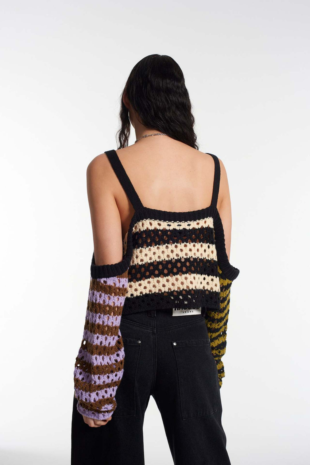 Damen gehäkeltes Crop-Top mit kreativen Streifen und dekorativen Ärmeln R&B