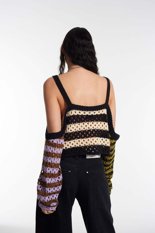 Damen gehäkeltes Crop-Top mit kreativen Streifen und dekorativen Ärmeln R&B