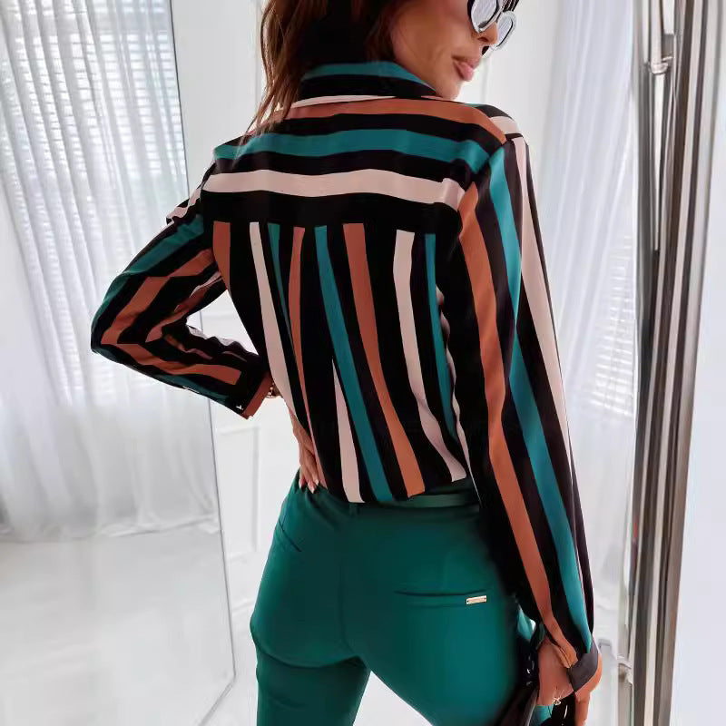 Damen Button-Up Streifenbluse mit Kontrasttaschen R&B