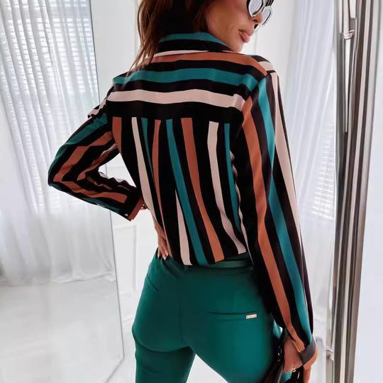 Damen Button-Up Streifenbluse mit Kontrasttaschen R&B